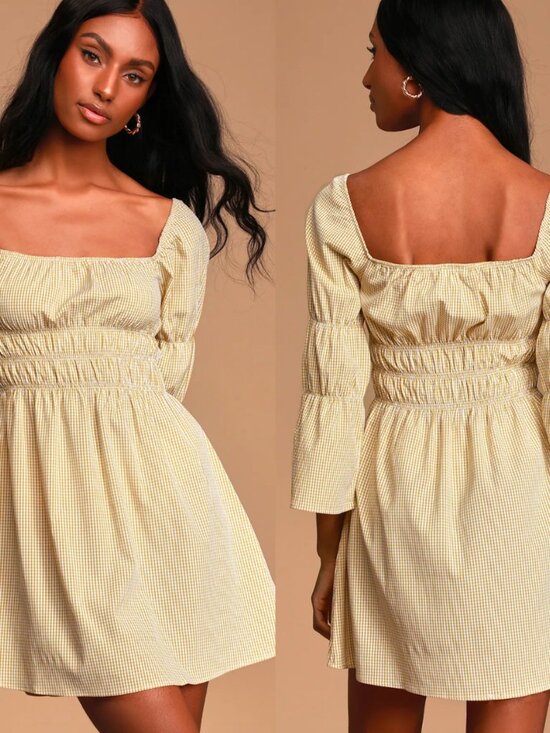 Lulus Dresses & Skirts - LULUS Lunch Date Mustard Yellow Gingham Bell Sleeve Mini Dress Medium